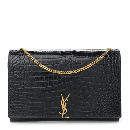 Saint Laurent Calfskin Crocodile Embossed Monogram Chain Wallet Black 1 of 12