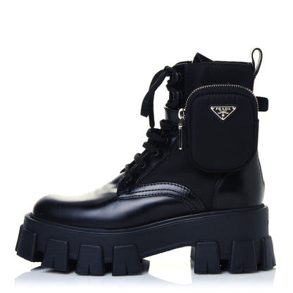 Prada Spazzolato Rois Nylon Metal Triangle Logo Monolith Pouch Pocket 55mm Boots 37 Black 1 of 8