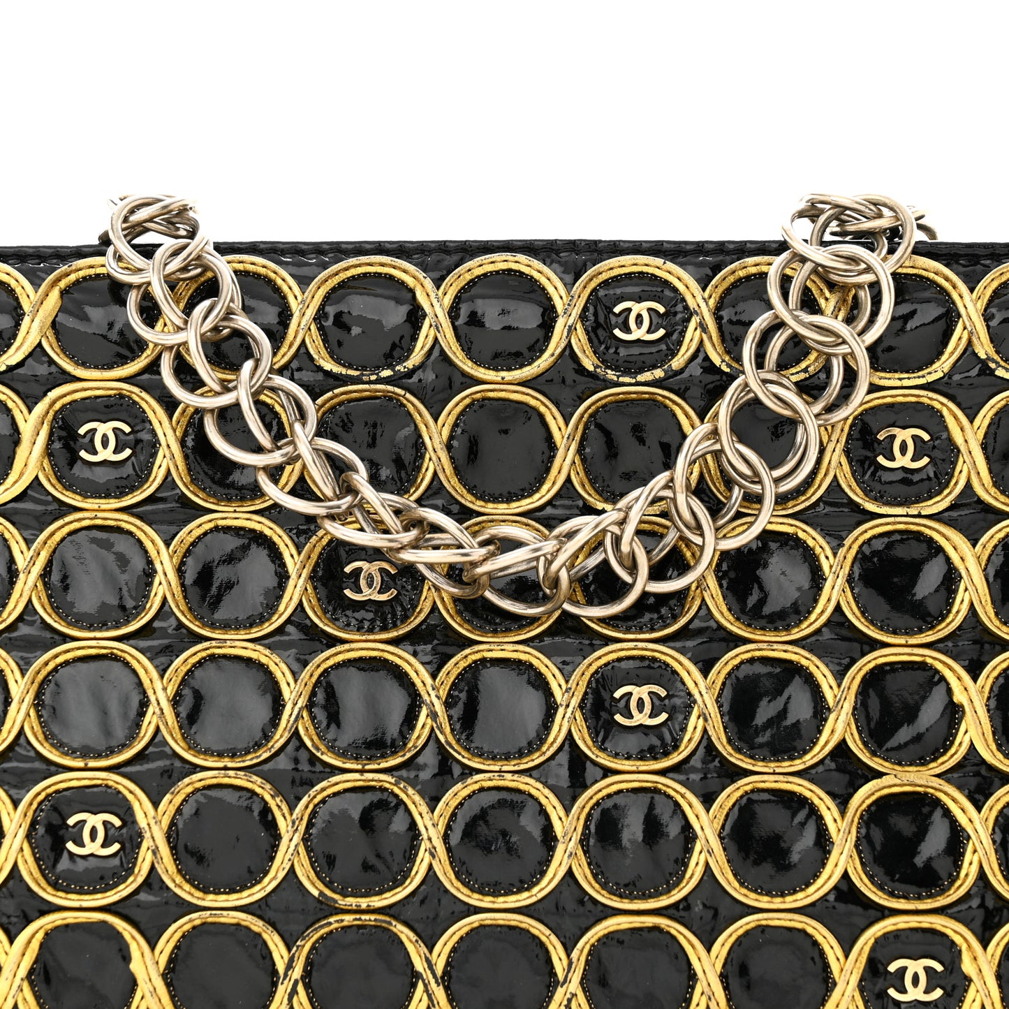 Patent Embroidered Clutch With Chain Black Gold