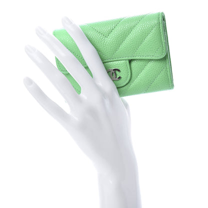 Chanel Caviar Chevron Quilted Flap Card Holder Green 2 of 9
