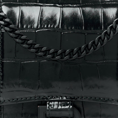Balenciaga Shiny Calfskin Monochrome Crocodile Embossed Hourglass Wallet On Chain Black 9 of 11
