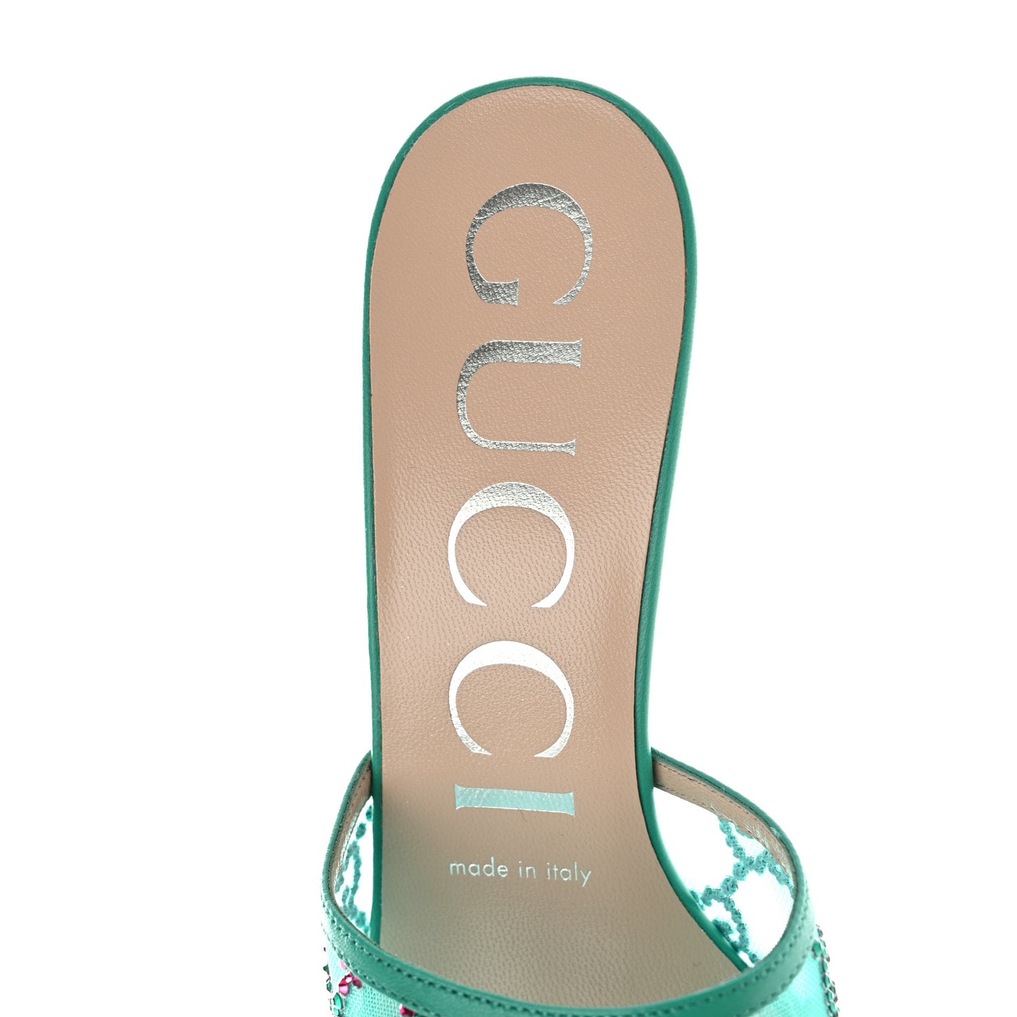 Tela Retino Nappa Crystal GG Monogram Square G 95mm Slide Sandals 37 Turquoise