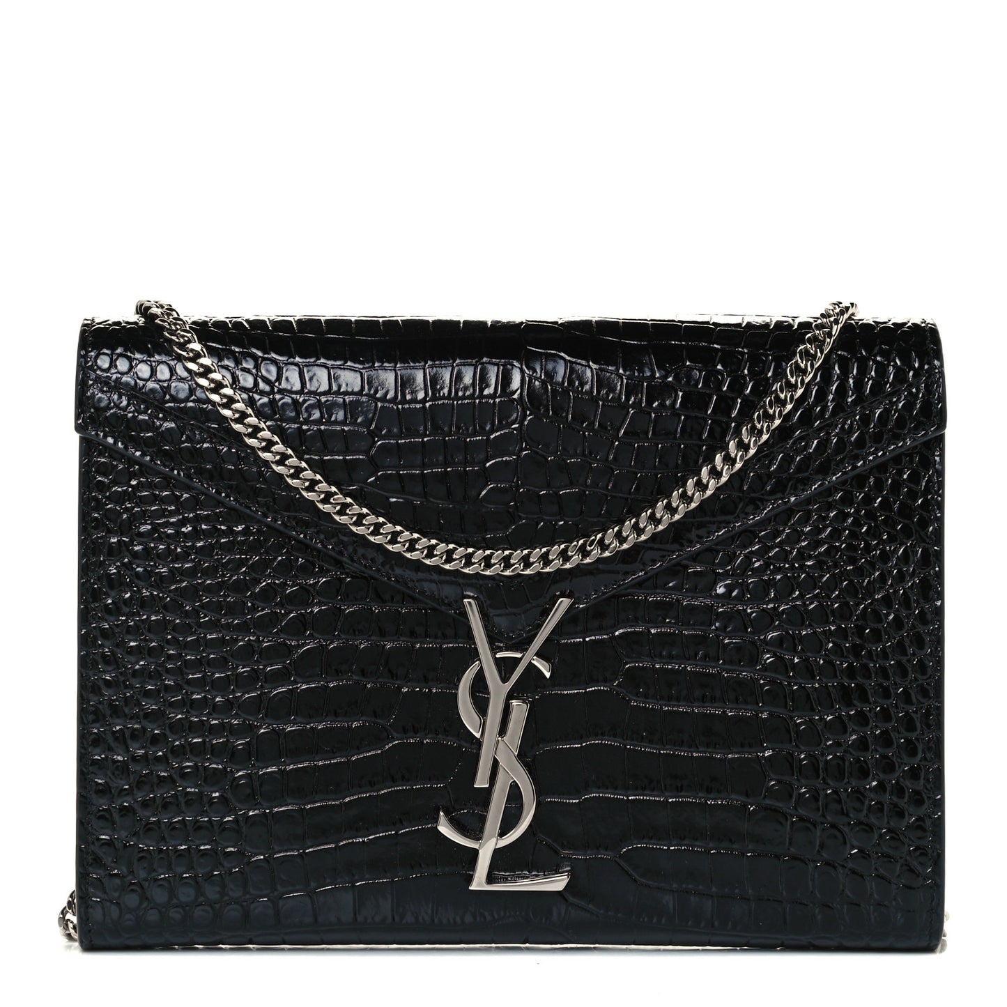 Patent Calfskin Crocodile Embossed Monogram Cassandra Chain Wallet Black