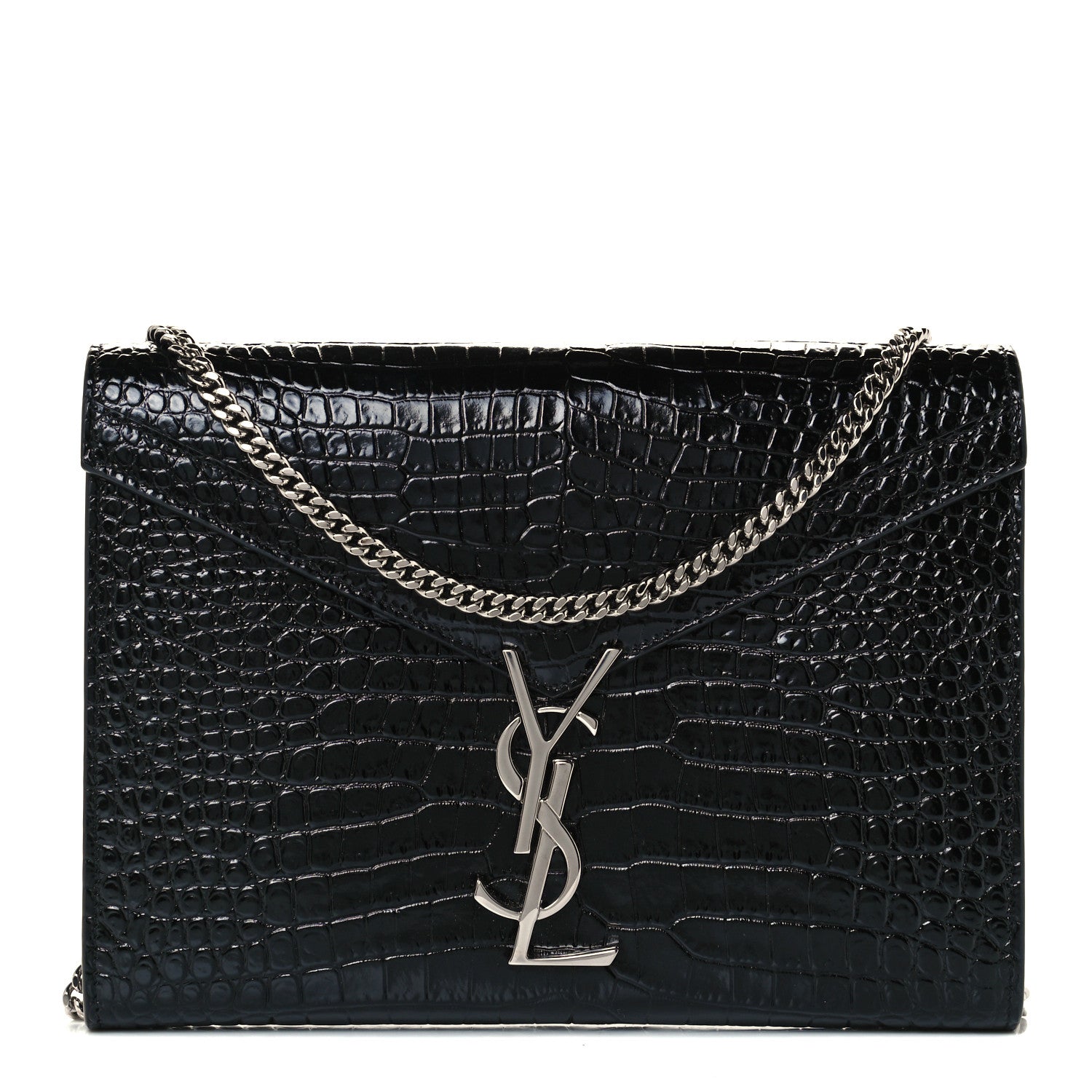 Saint Laurent Patent Calfskin Crocodile Embossed Monogram Cassandra Chain Wallet Black 1 of 11