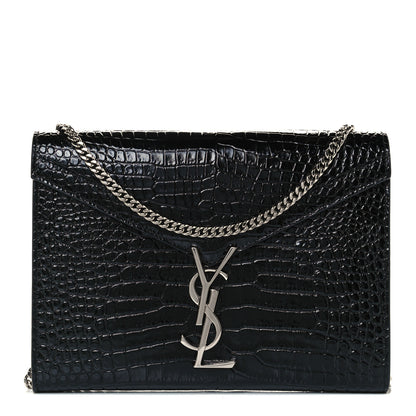 Saint Laurent Patent Calfskin Crocodile Embossed Monogram Cassandra Chain Wallet Black 1 of 11