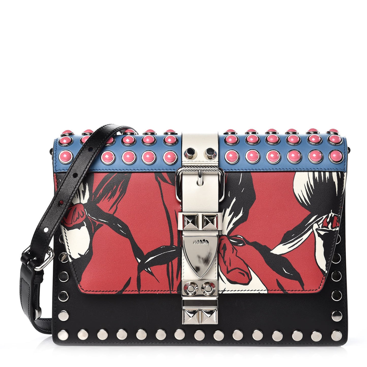 City Calfskin Orchid Print Studded Elektra Shoulder Bag Fuoco Black