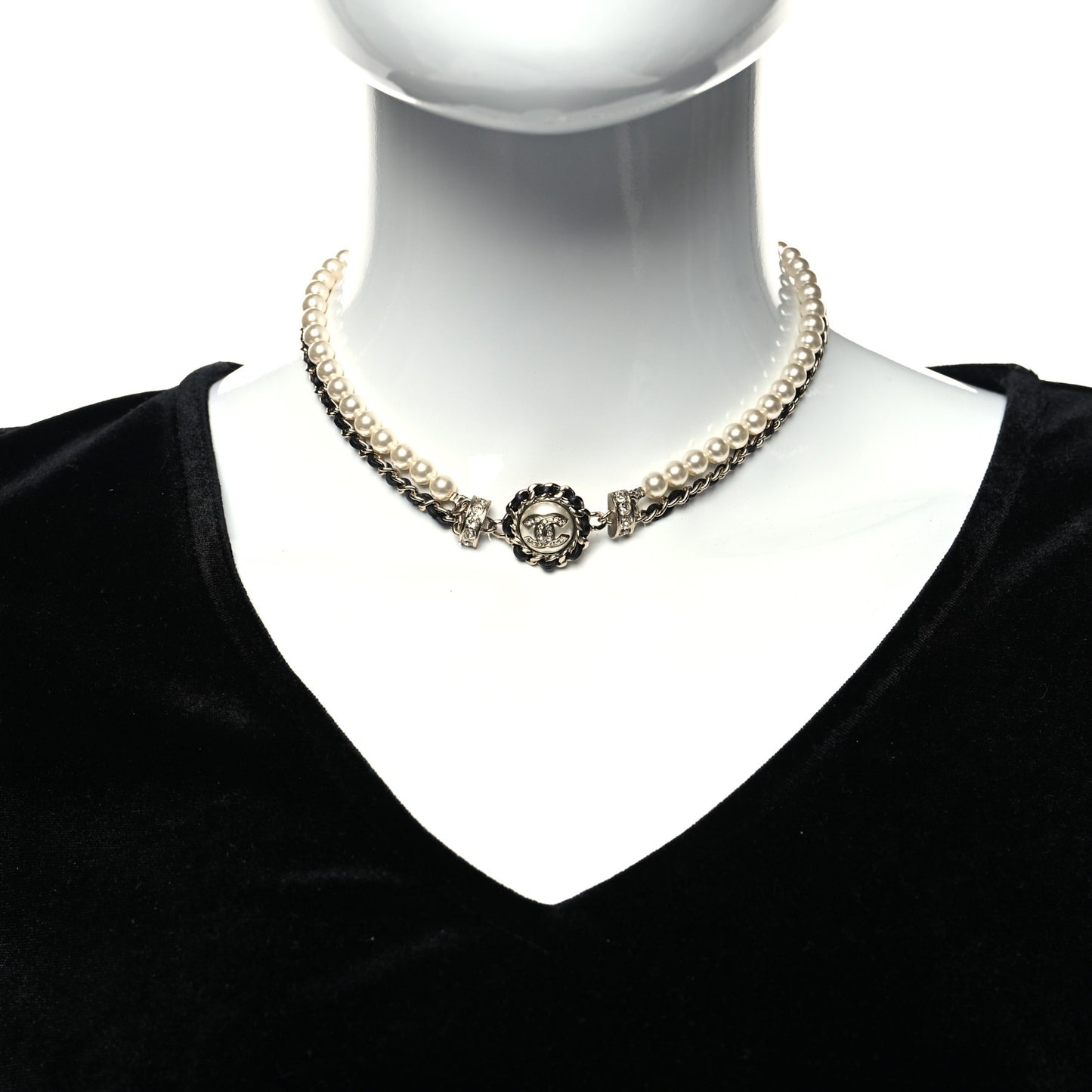 Pearl Crystal Lambskin CC Choker Gold Black
