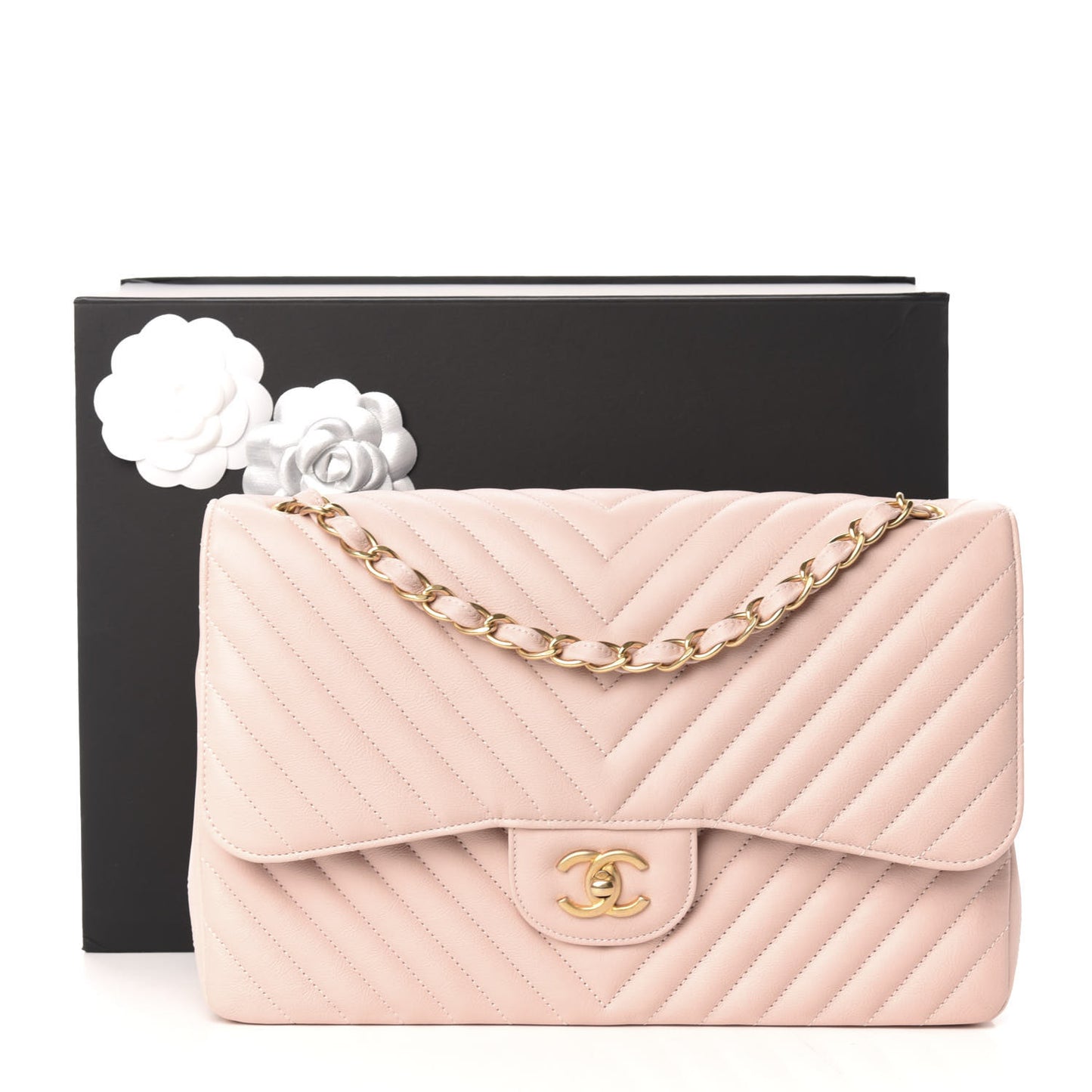 Calfskin Chevron Quilted Jumbo Double Flap Light Pink
