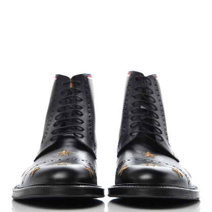 Gucci Calfskin Sylvie Web Bee Star Embroidered Mens Brogue Captoe Boots 10.5 Black 2 of 12