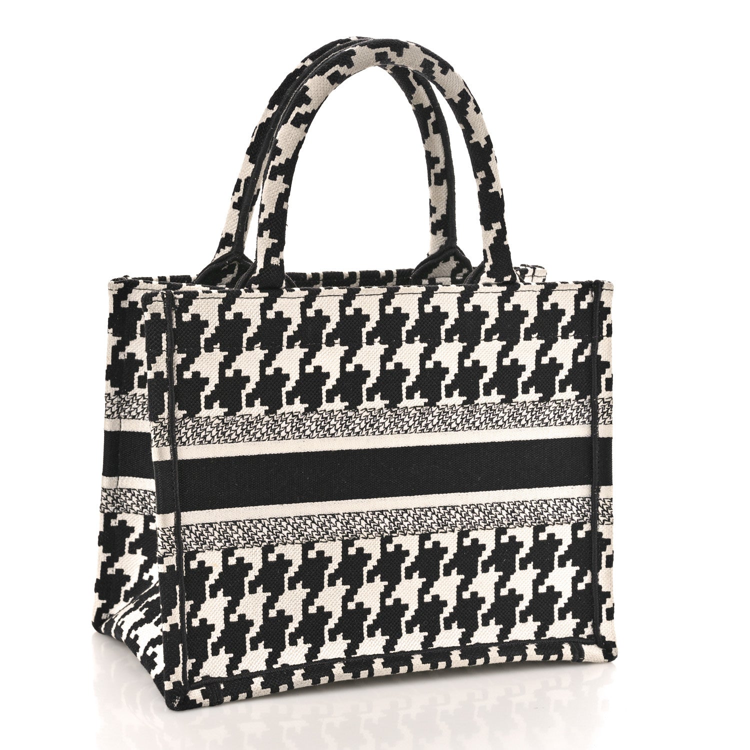 Christian Dior CHRISTIAN DIOR Canvas Houndstooth Embroidered Small Book Tote Black White 2 of 11