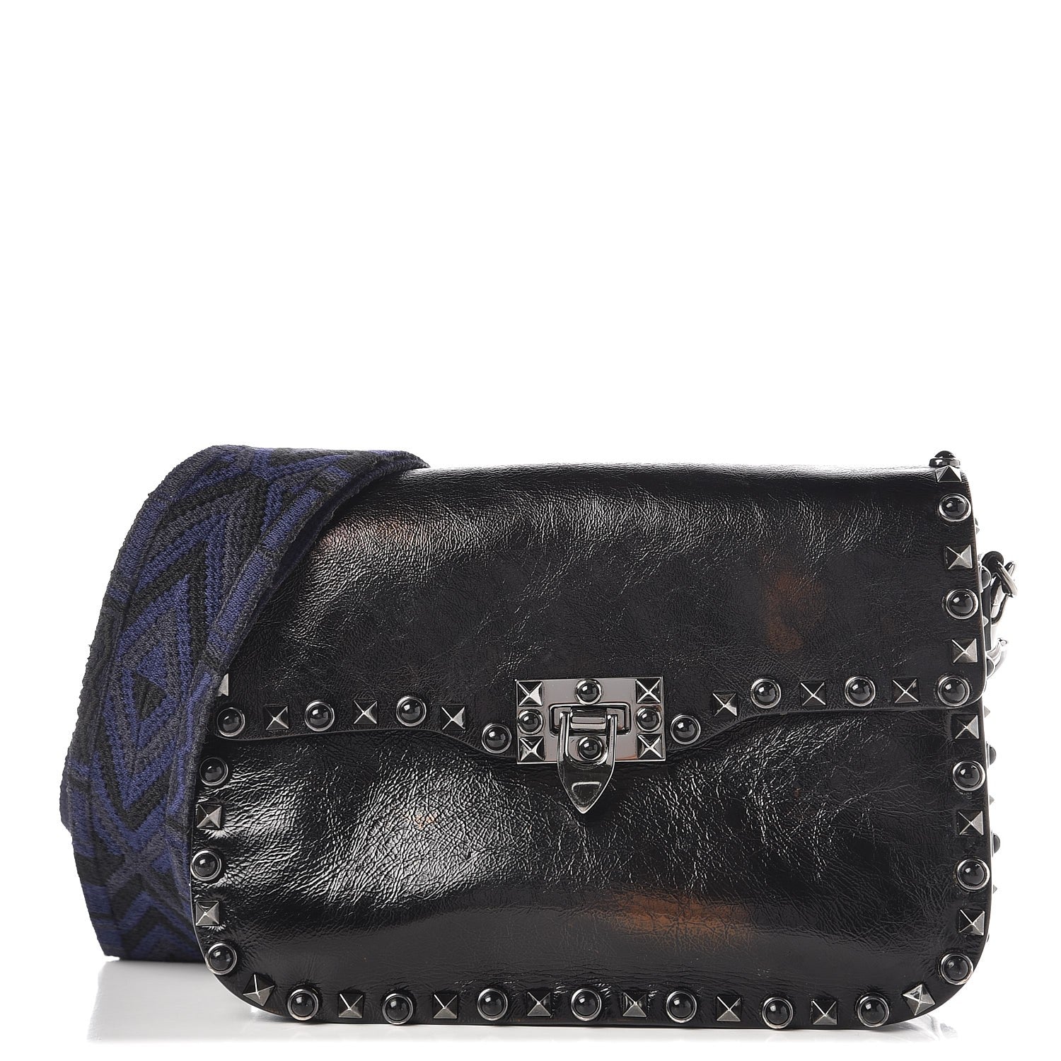 Valentino Garavani Craquele Calfskin Medium Guitar Strap Rockstud Rolling Flap Saddle Bag Black 1 of 9