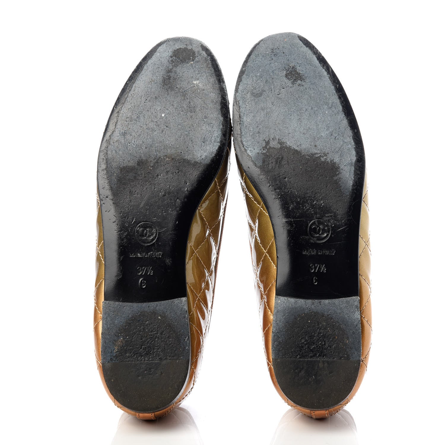 Chanel Metallic Patent Quilted CC Cap Toe Ballerina Flats 37.5 Bronze Grey 6 of 11