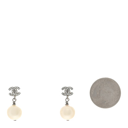 Chanel Crystal Pearl CC Drop Earrings Silver Pearly White 2 of 4