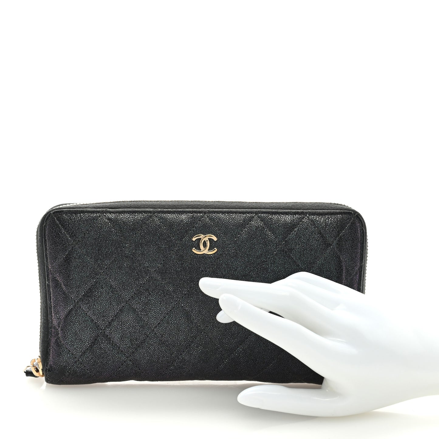 Iridescent Caviar Quilted Large Zip Around Organizer Wallet Black