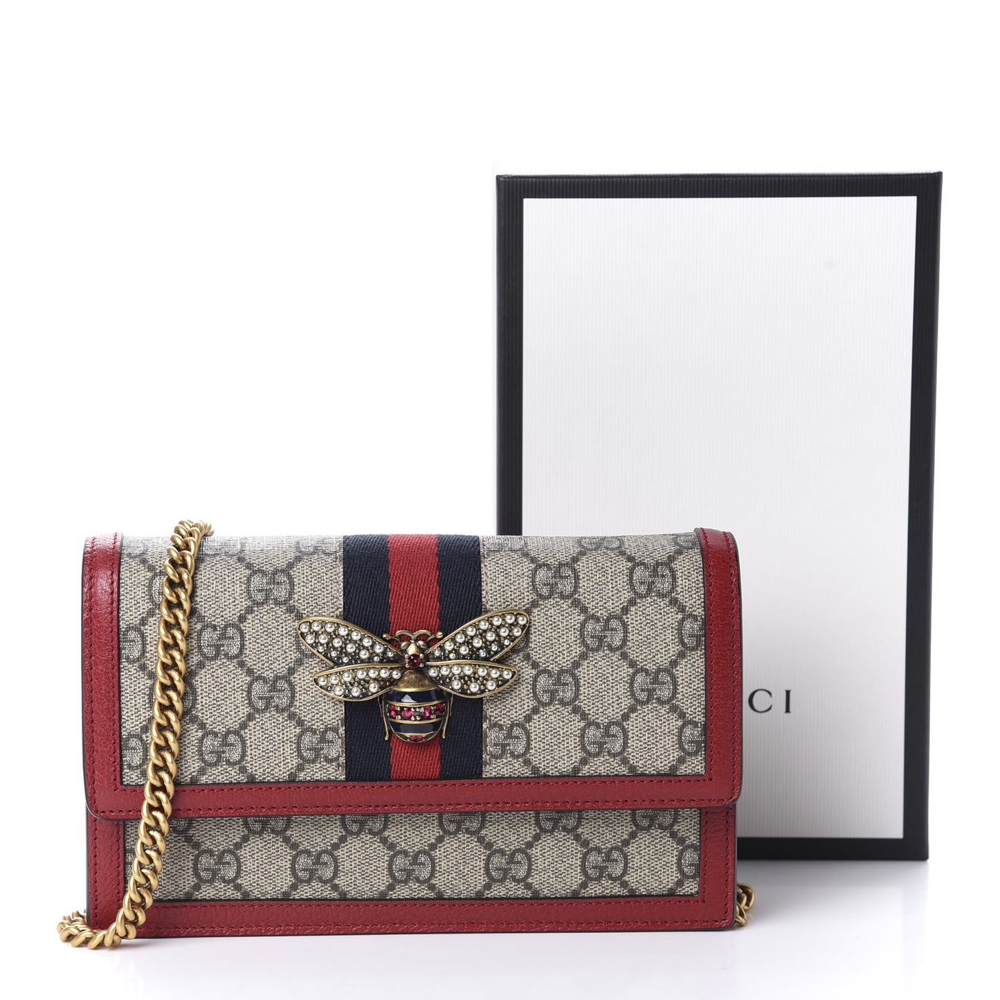 GG Supreme Monogram Web Queen Margaret Chain Wallet Red