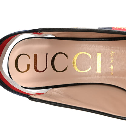Gucci Calfskin Web Bee Star Embroidered Sylvie Mid Heel Slingback Pumps 39 Black 7 of 10