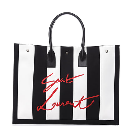 Saint Laurent Canvas Noe Striped Tote Black White 1 of 10