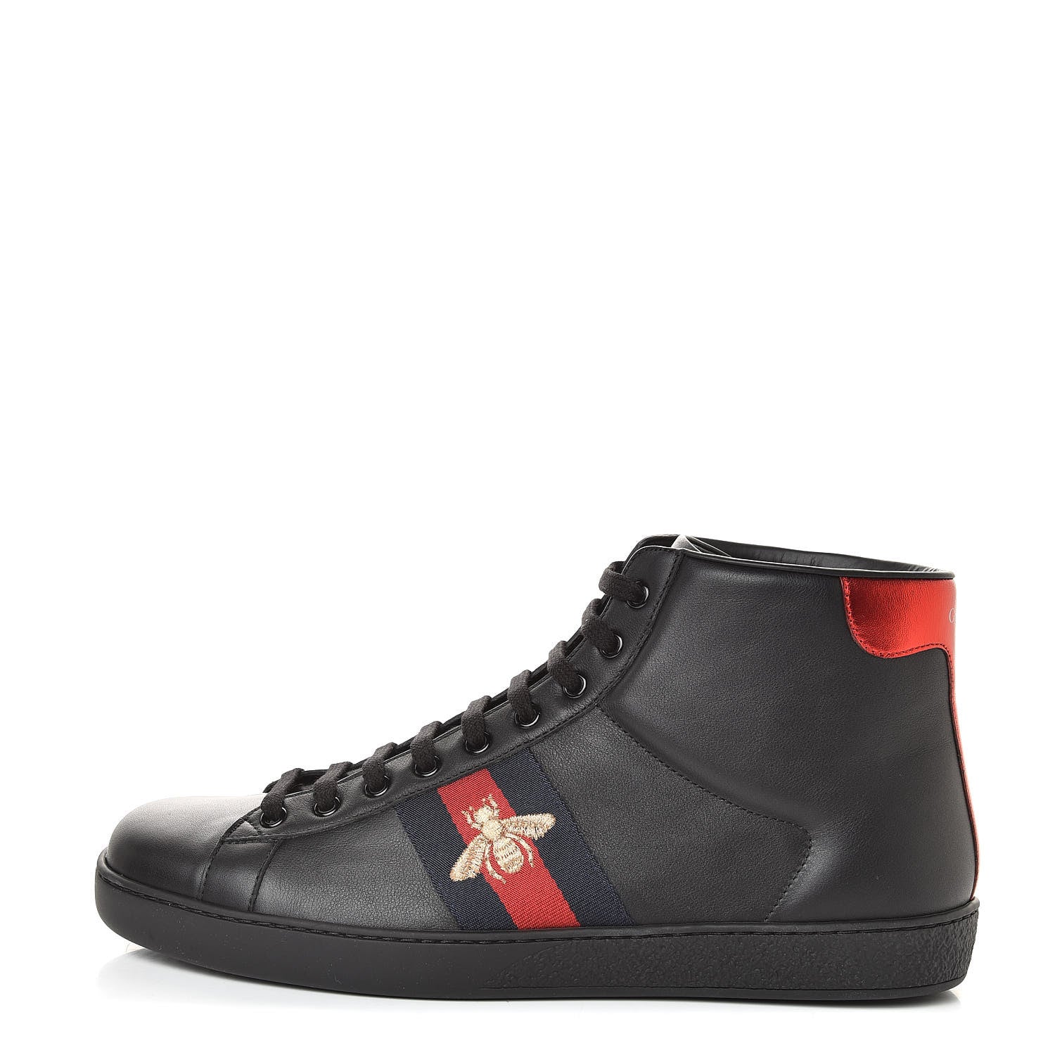 Gucci Calfskin Miro Soft Web Bee Embroidered Mens Ace High Top Sneakers 10.5 Black 1 of 10