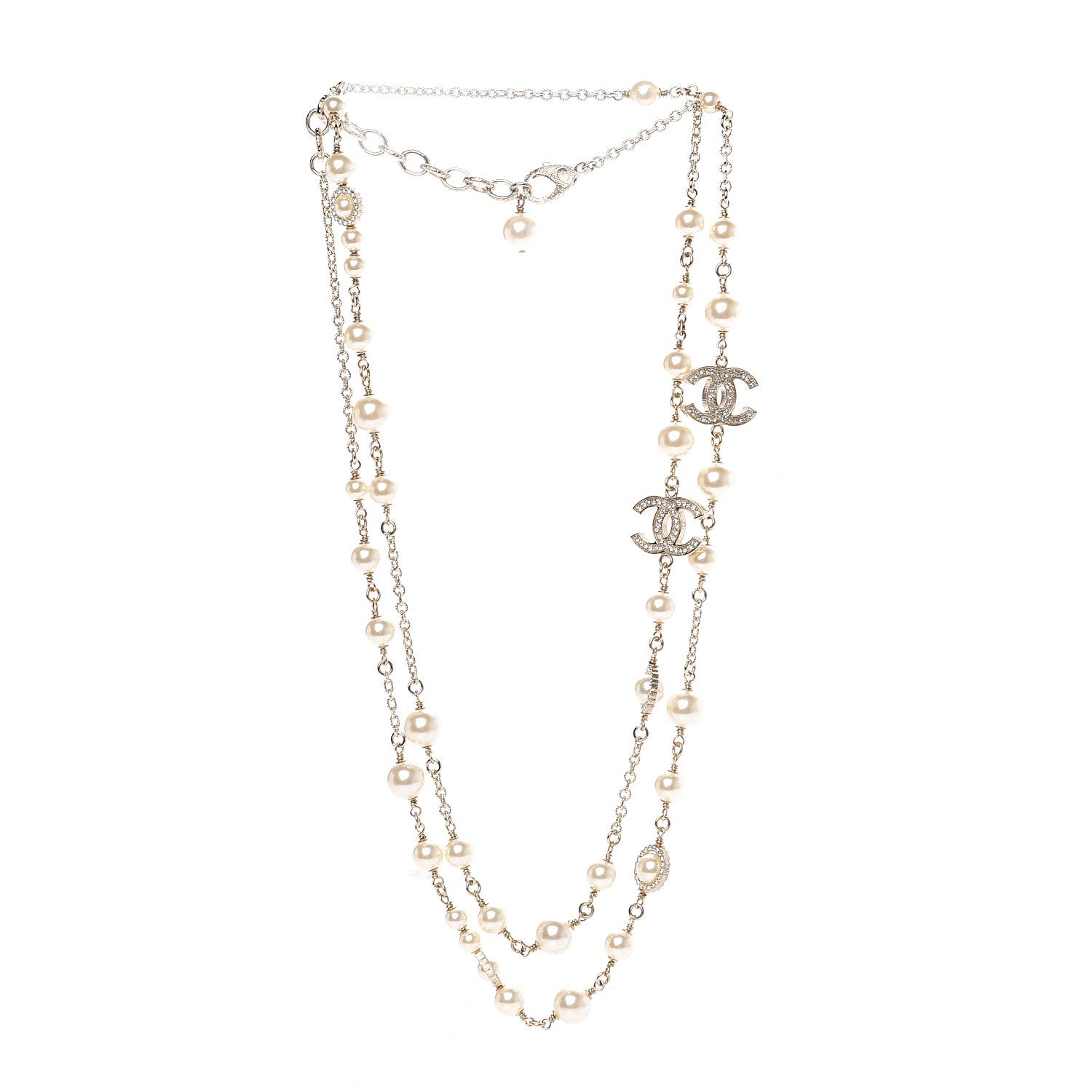 Chanel Pearl Crystal CC Lace Camellia Long Necklace Gold 2 of 3