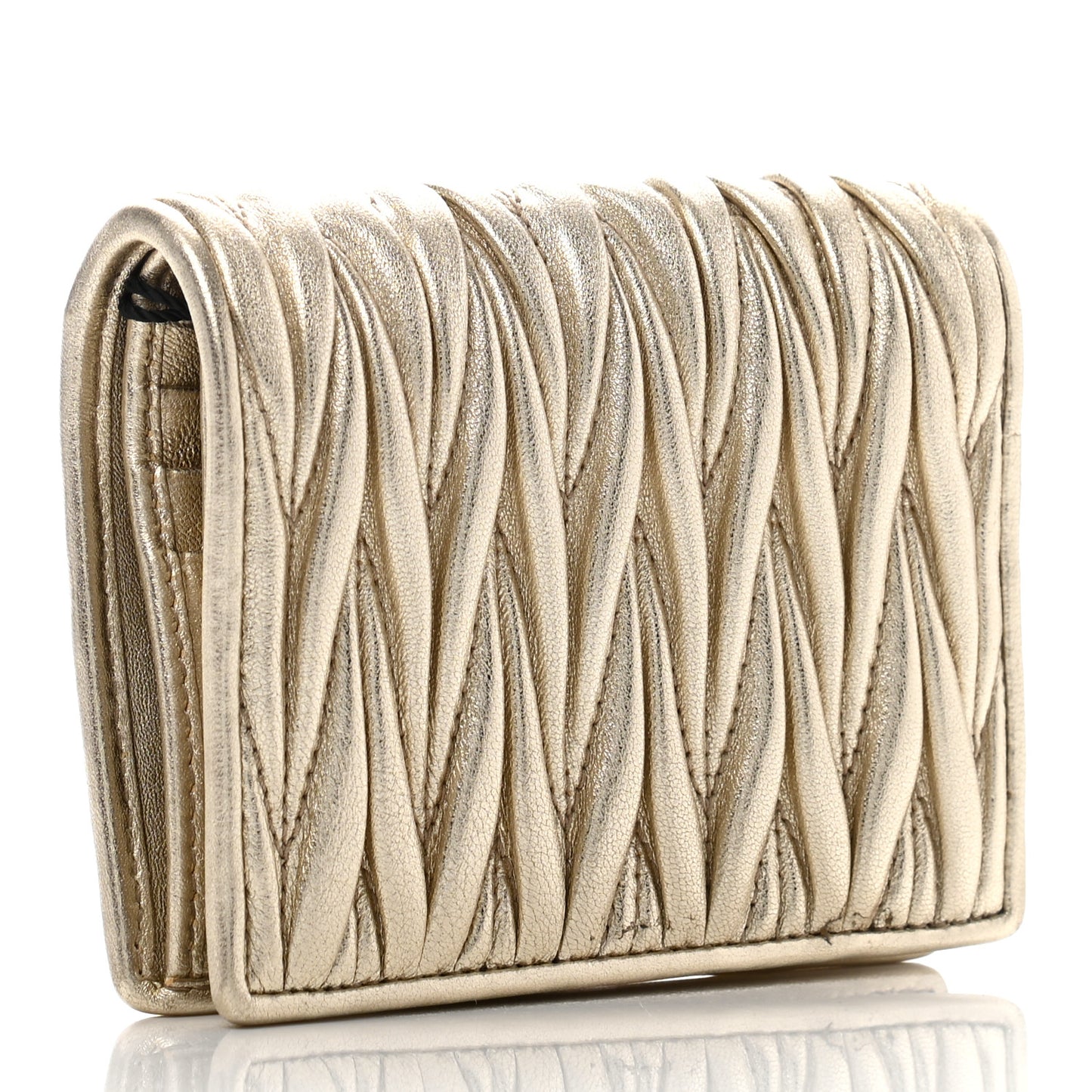 Metallic Nappa Matelasse Crystal Pearl Logo Compact Wallet Gold