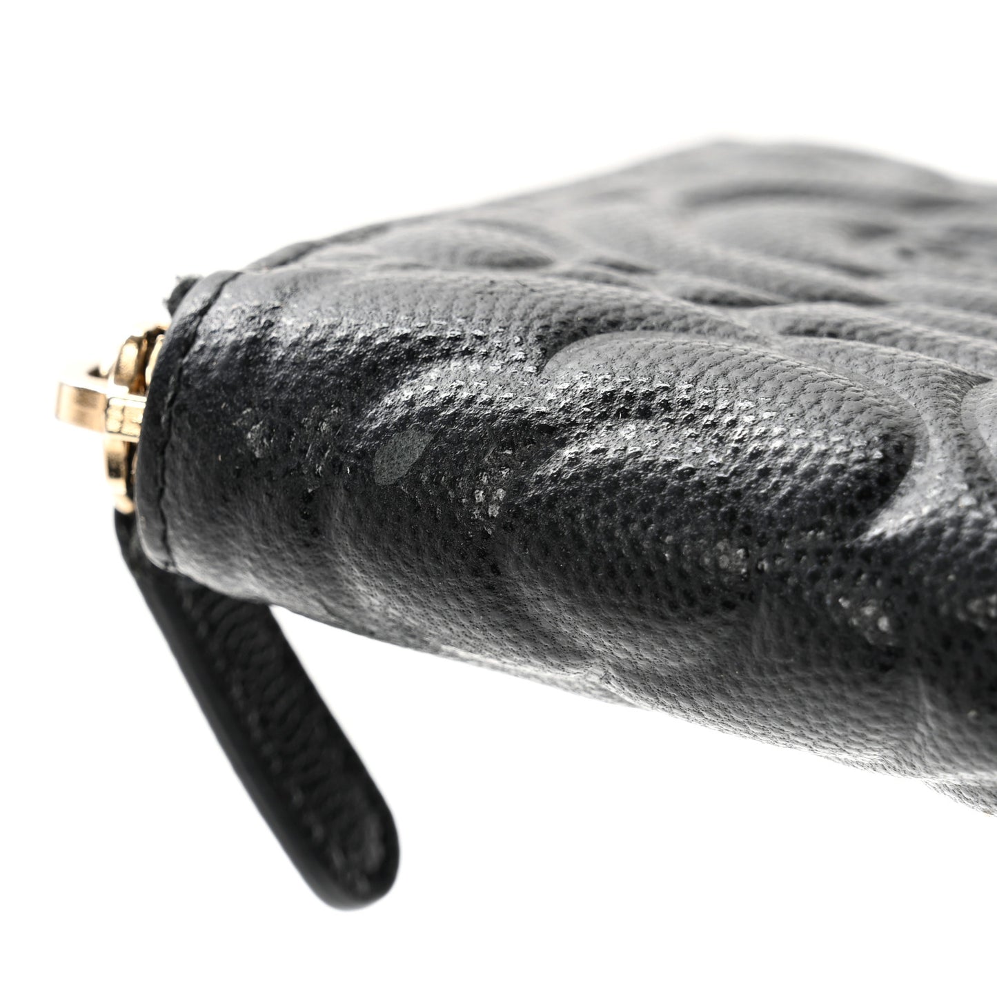 Caviar Camellia Embossed Large Zip Around Gusset Wallet Black