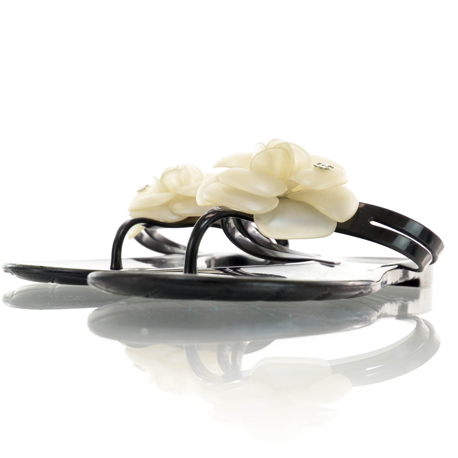 Chanel Jelly Camellia Thong Sandals 40 Black Ivory 2 of 7