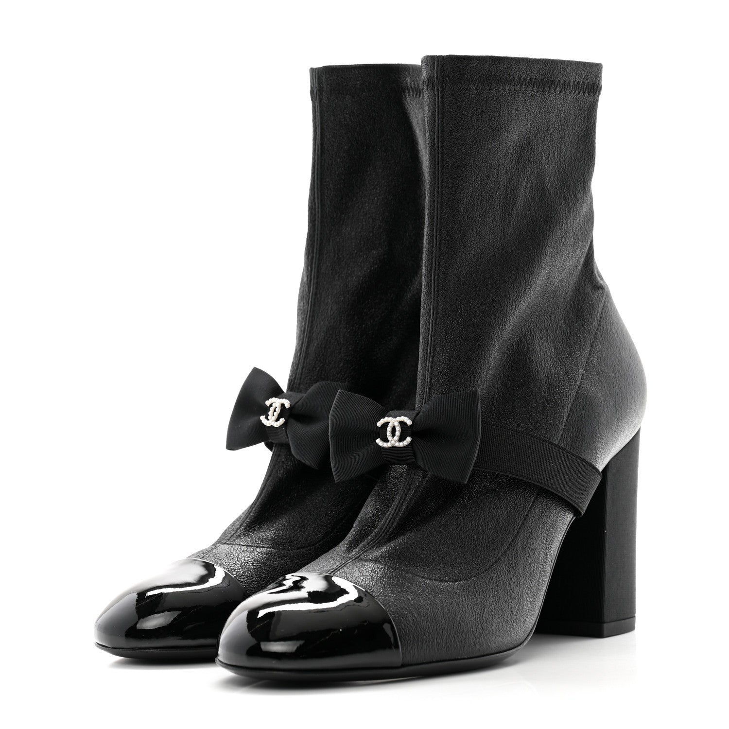 Chanel Stretch Iridescent Lambskin Patent Pearl CC Bow Cap Toe Short Boots 37 Black 3 of 7