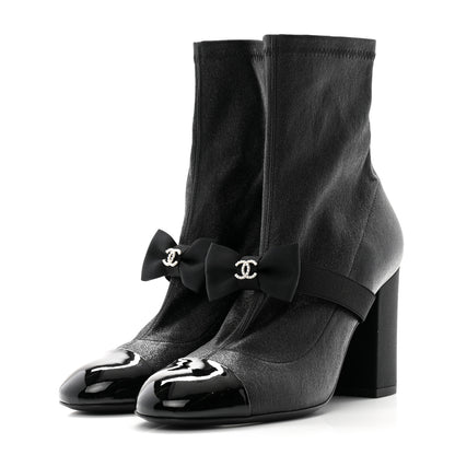 Chanel Stretch Iridescent Lambskin Patent Pearl CC Bow Cap Toe Short Boots 37 Black 3 of 7