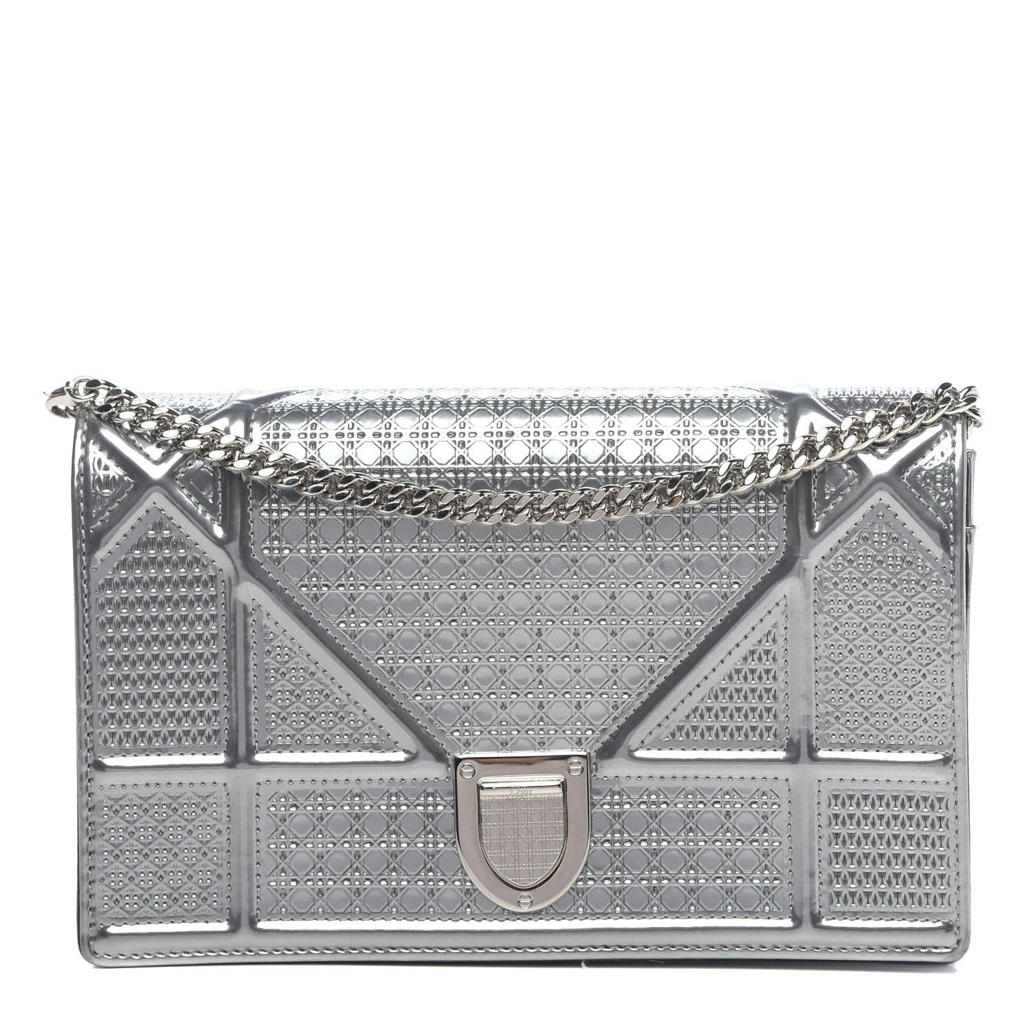 Christian Dior Metallic Patent Micro-Cannage Diorama Wallet on Chain Pouch Silver 1 of 10