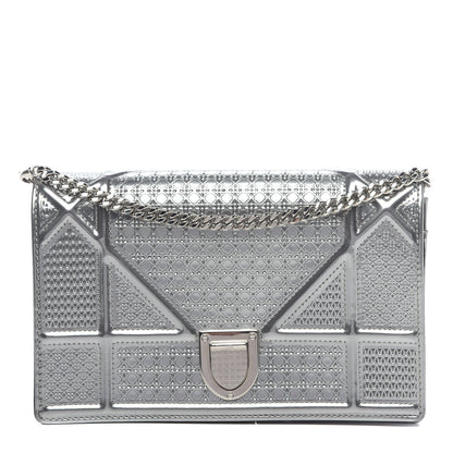 Christian Dior Metallic Patent Micro-Cannage Diorama Wallet on Chain Pouch Silver 1 of 10