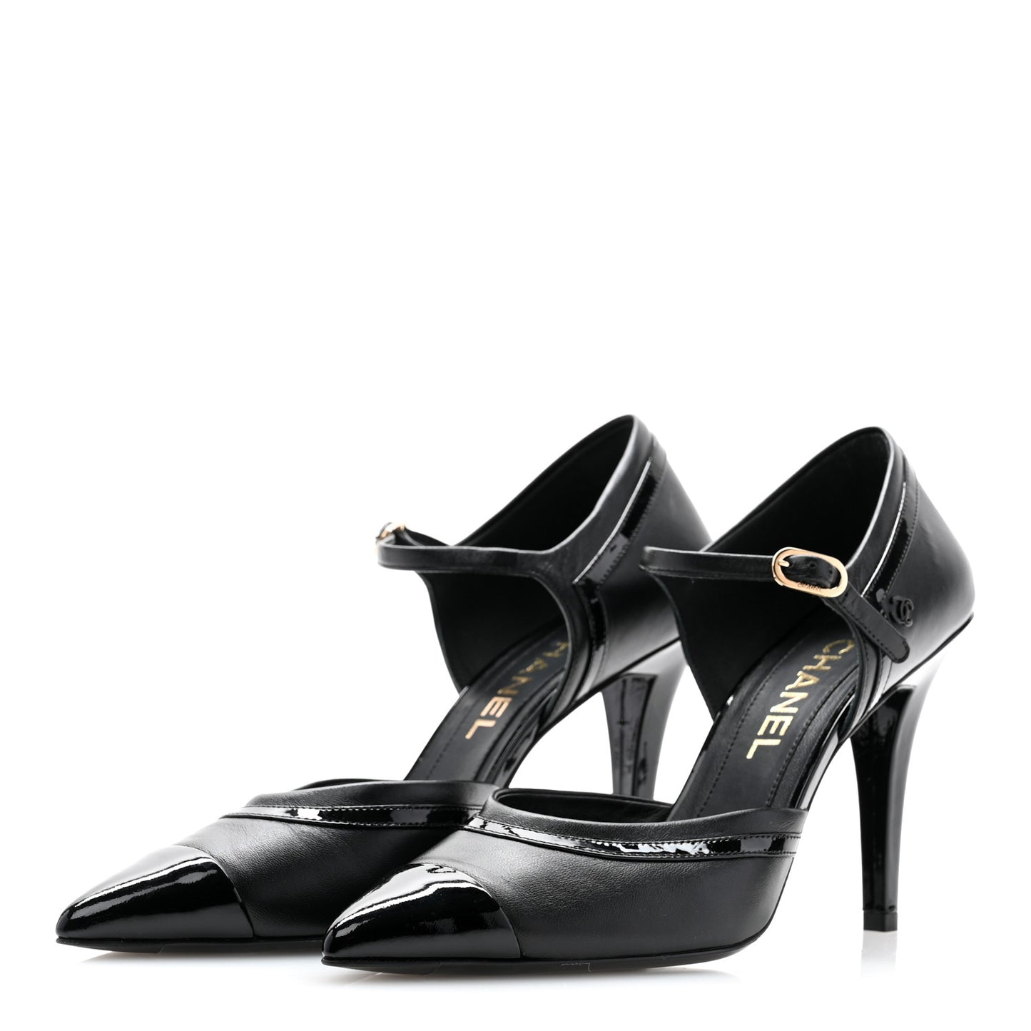 Patent Calfskin CC Ankle Strap Pumps 38 Black