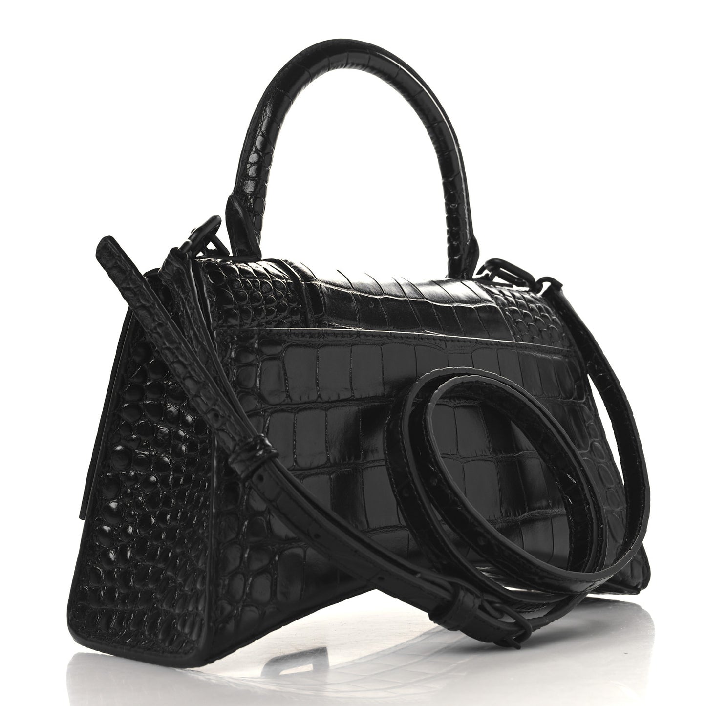 Shiny Calfskin Monochrome Crocodile Embossed Small Hourglass Top Handle Bag Black