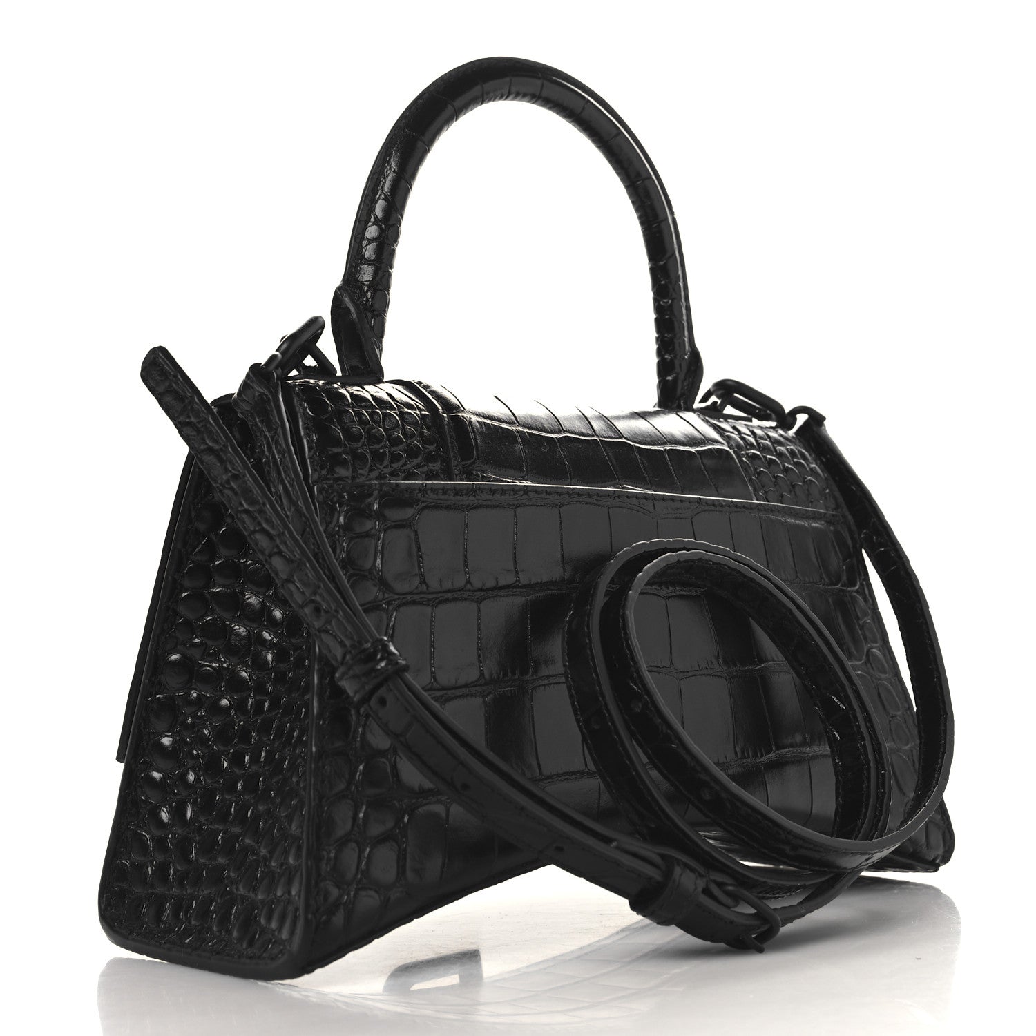 Balenciaga Shiny Calfskin Monochrome Crocodile Embossed Small Hourglass Top Handle Bag Black 3 of 10