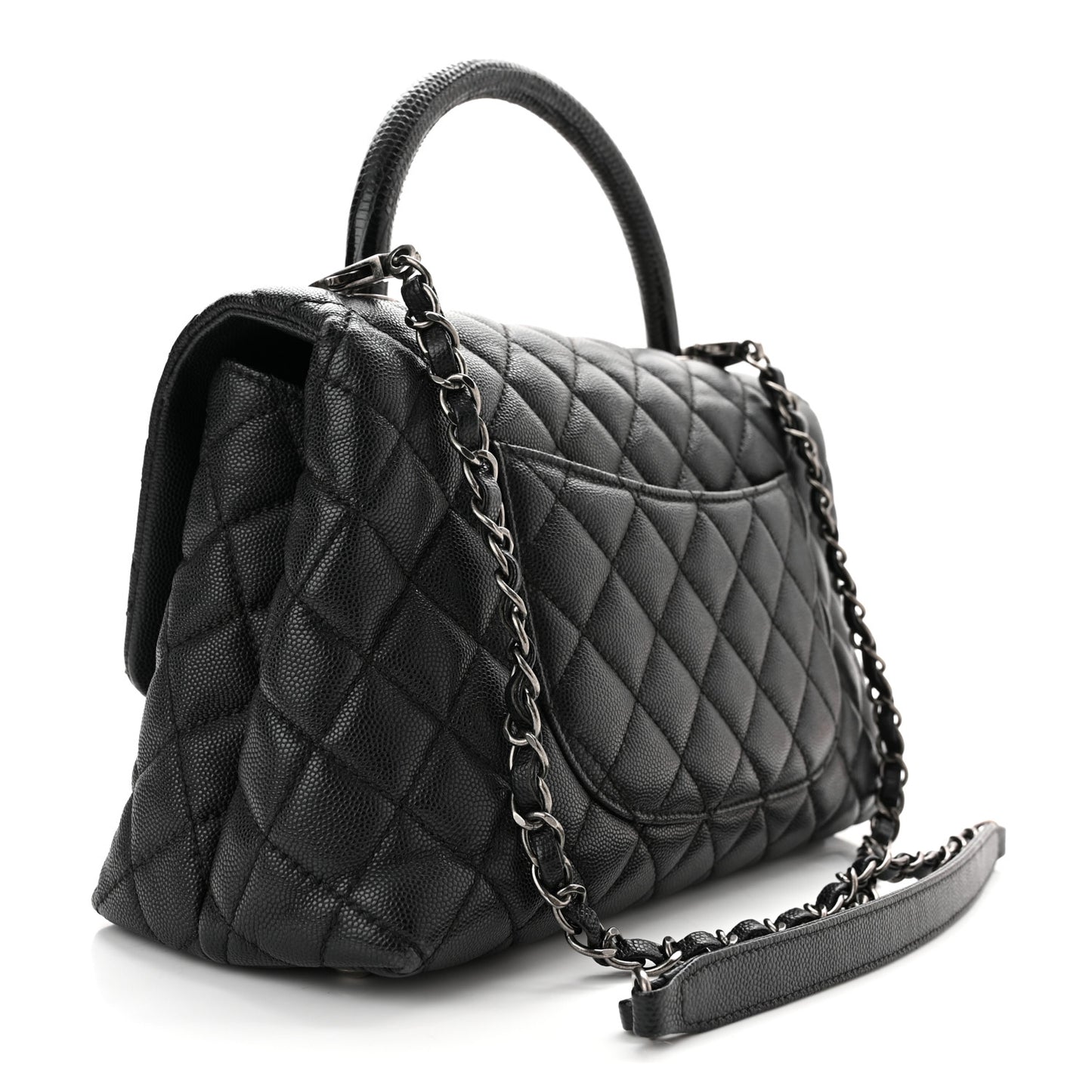 Caviar Lizard Embossed Quilted Small Coco Handle Flap Black