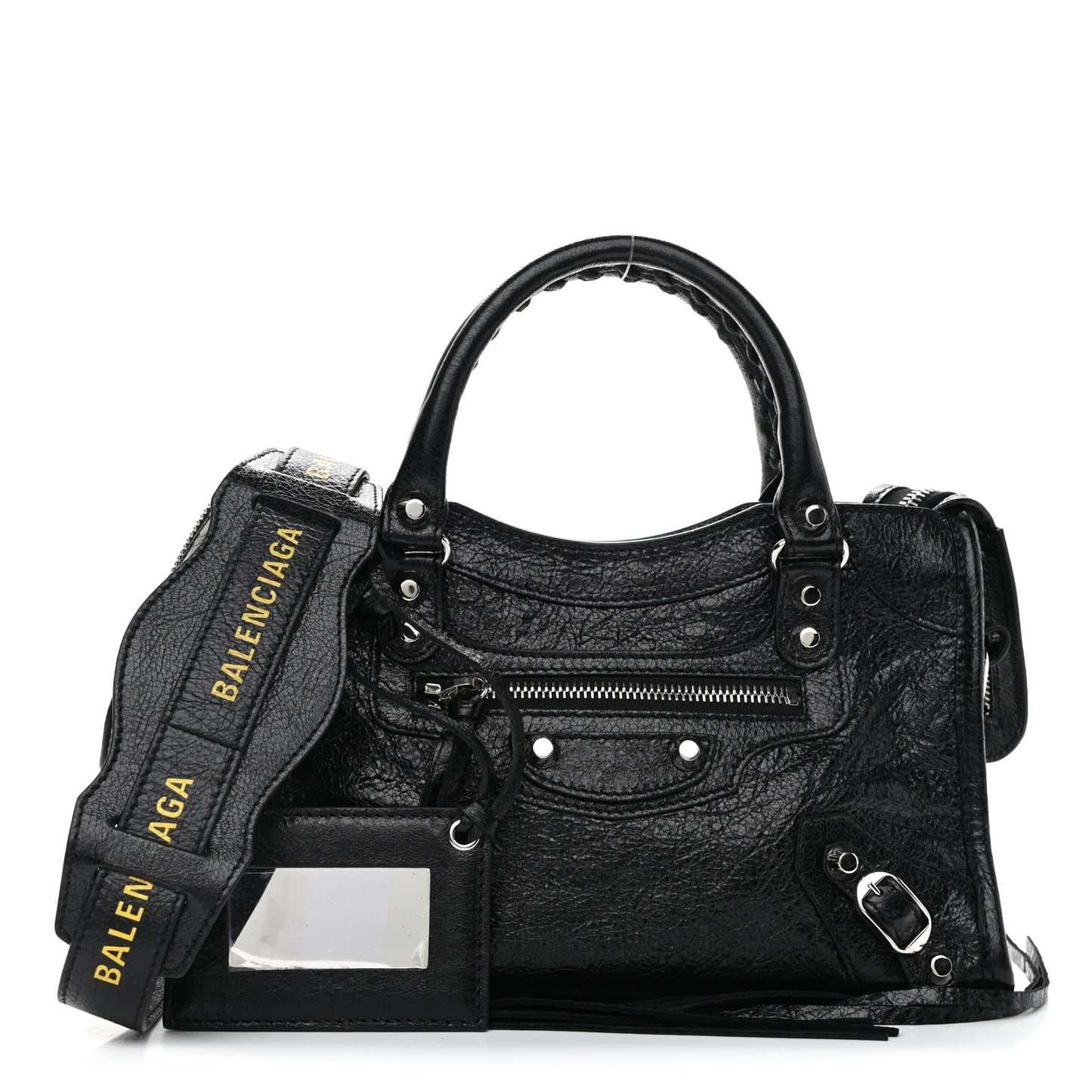 Agneau Classic Silver Hardware Mini City Logo Strap Black Jaune Soleil