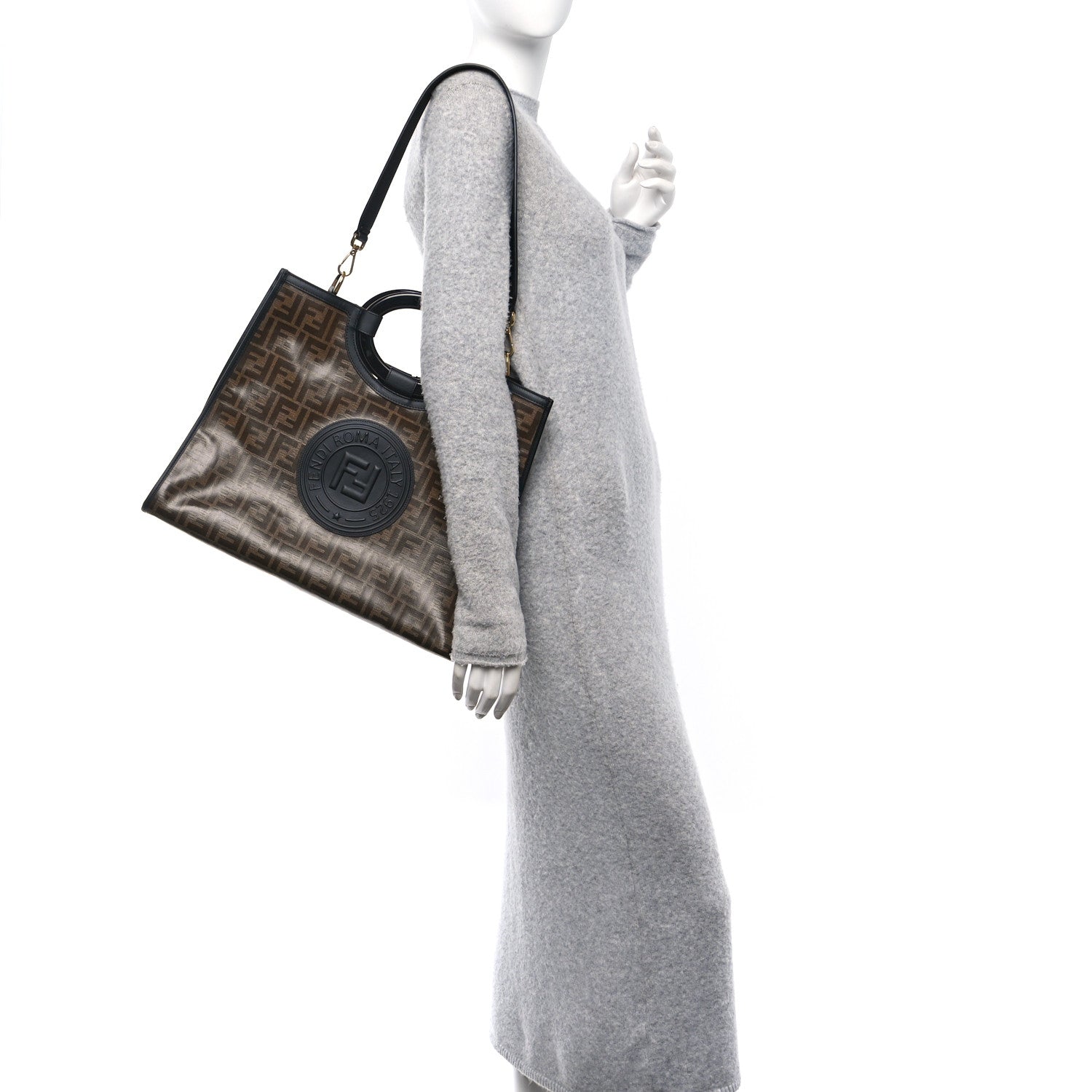 Fendi Glazed Fabric Vitello Century Plexiglass FF 1974 Stamp Patch Medium Runaway Shopper Tote Mogano Panna Black 2 of 12