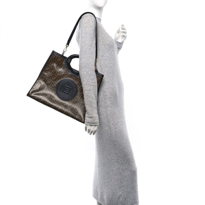 Fendi Glazed Fabric Vitello Century Plexiglass FF 1974 Stamp Patch Medium Runaway Shopper Tote Mogano Panna Black 2 of 12