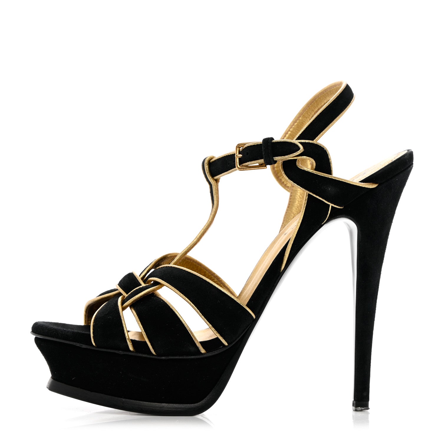 Saint Laurent Suede Tribute 105 Platform Sandals 38.5 Black Gold 1 of 11