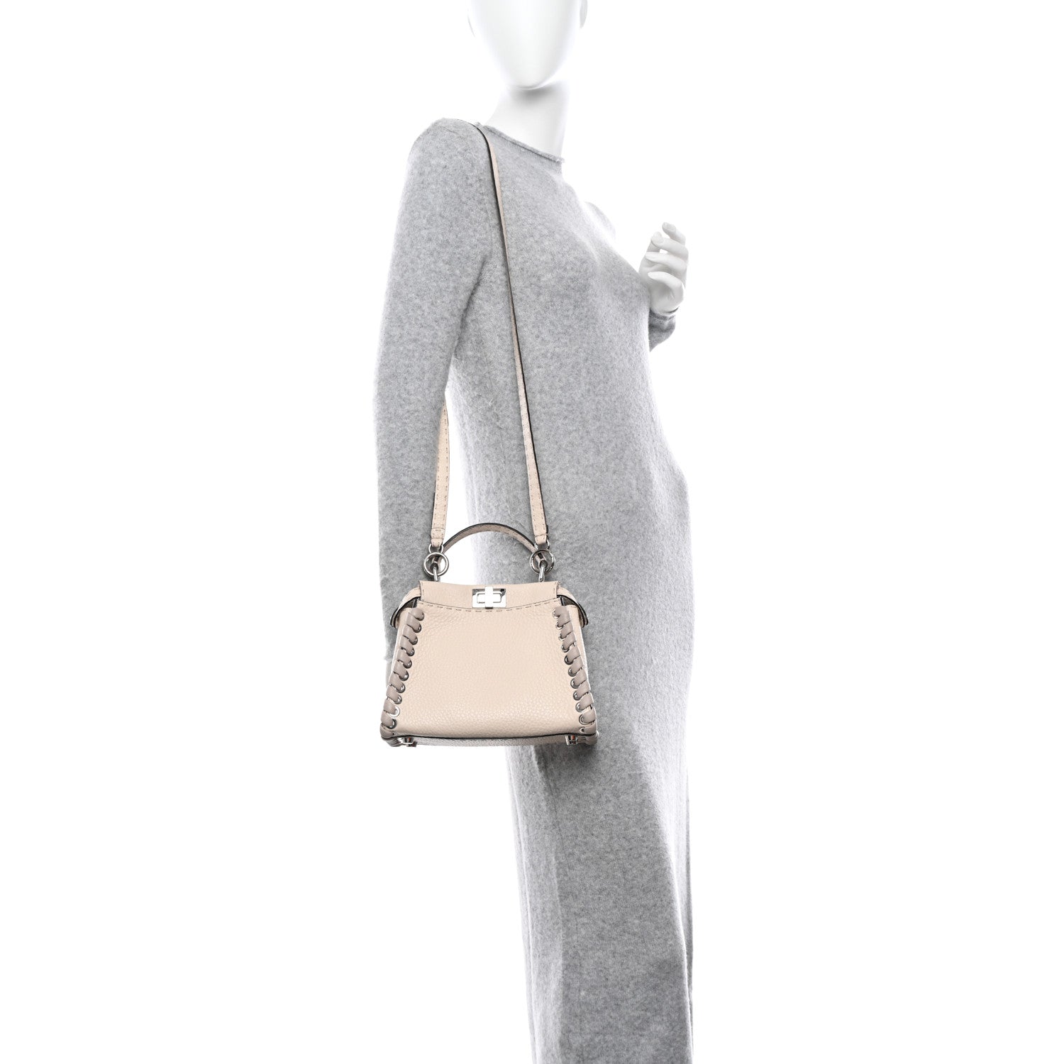 Fendi Cuoio Romano Selleria Vitello Dolce Lace Up Mini Peekaboo Iconic Satchel Camelia Milk Grigio Polvere 2 of 10