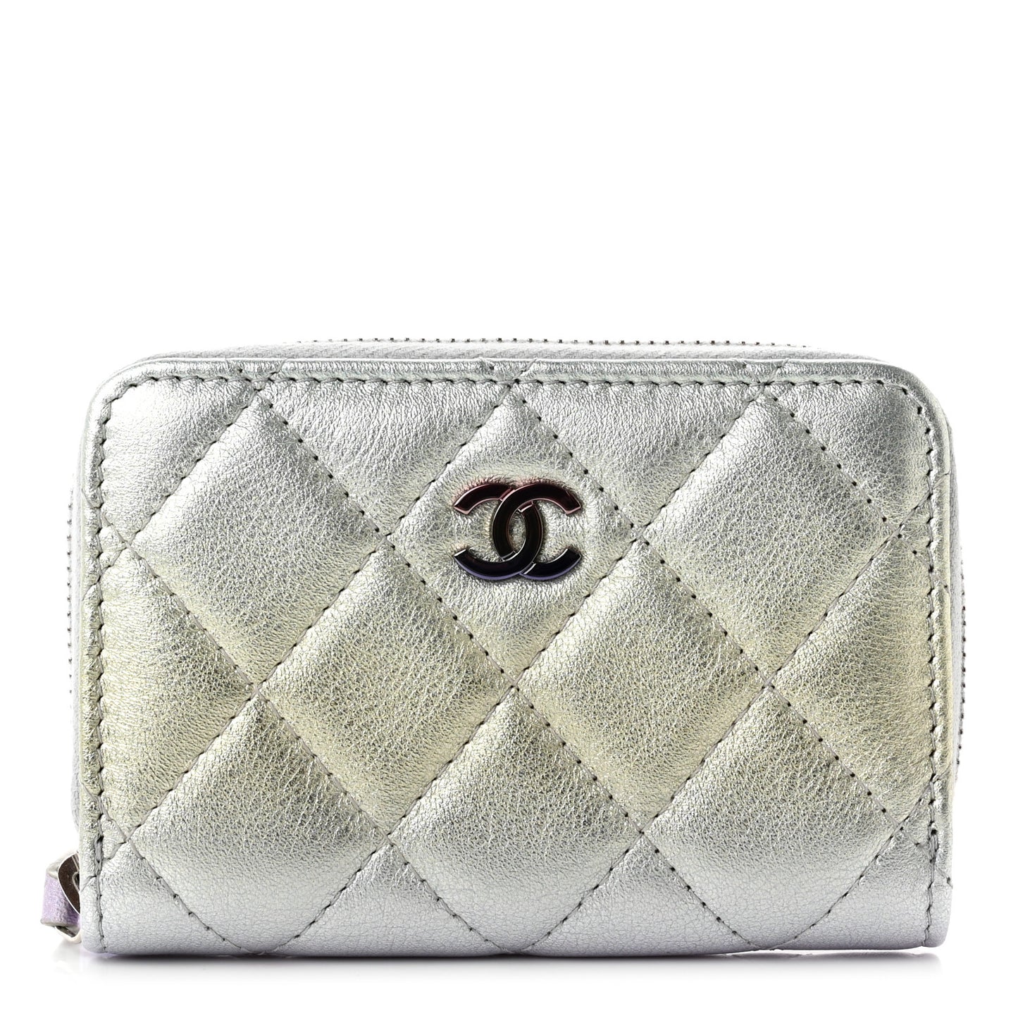 Gradient Metallic Calfskin Quilted Zip Around Coin Purse Wallet Silver Blue Yellow Purple