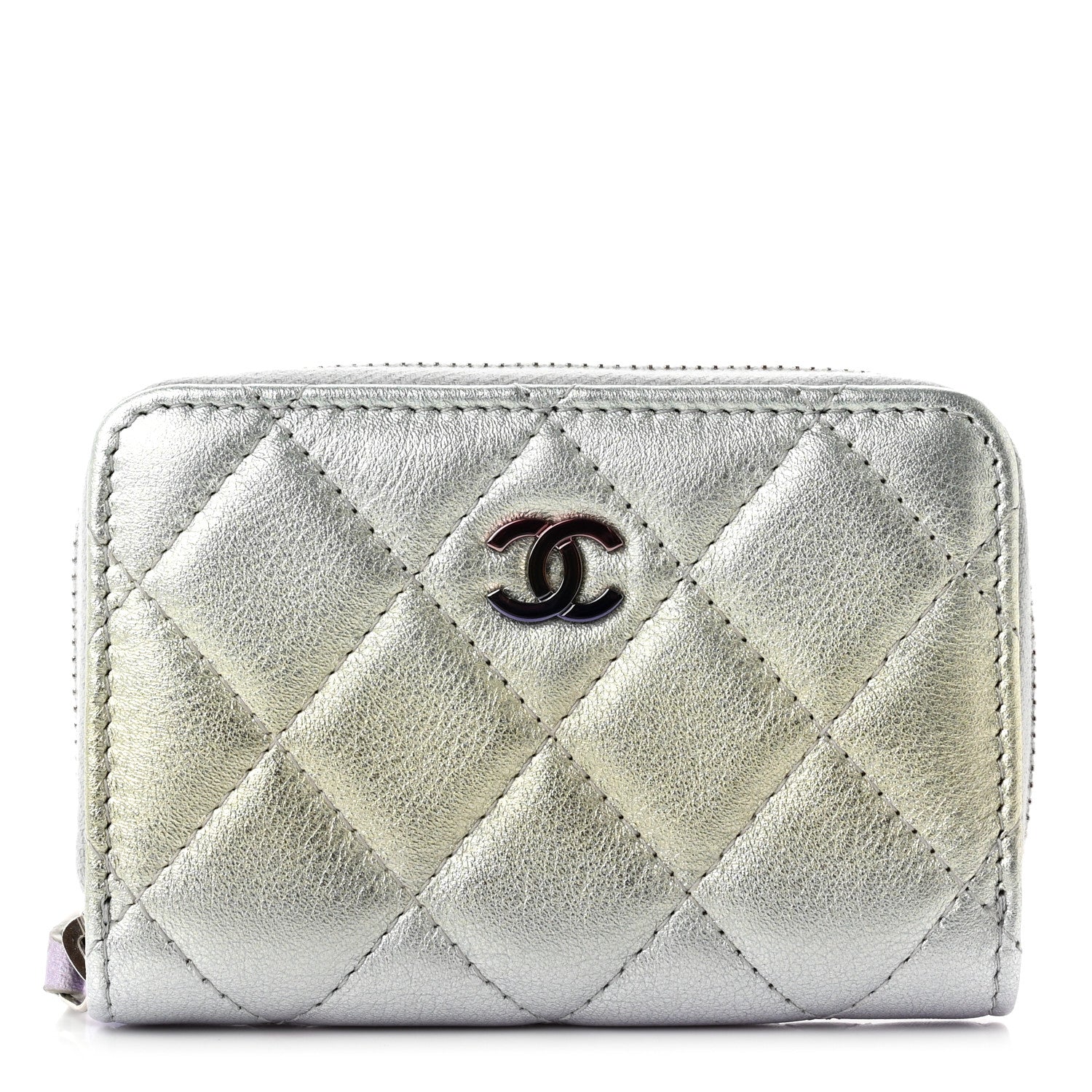 Chanel Gradient Metallic Calfskin Quilted Zip Around Coin Purse Wallet Silver Blue Yellow Purple 1 of 8