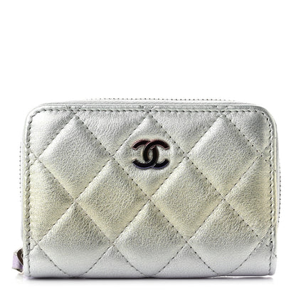 Chanel Gradient Metallic Calfskin Quilted Zip Around Coin Purse Wallet Silver Blue Yellow Purple 1 of 8