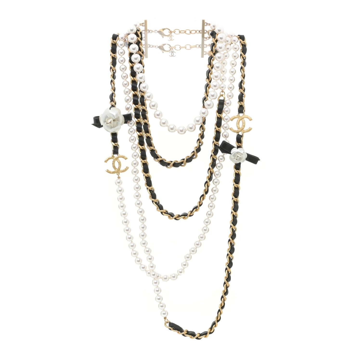 Chanel Pearl Lambskin Chain 90's Camellia CC Multi Strand Necklace Gold Black 3 of 6