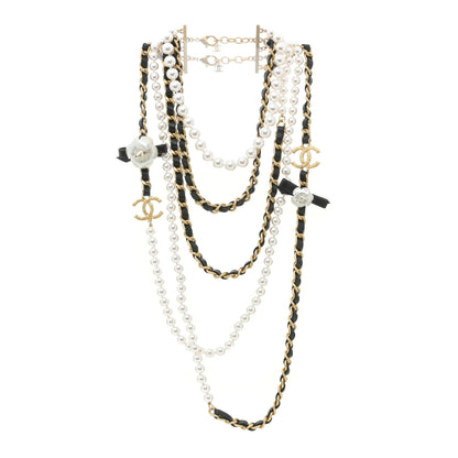 Chanel Pearl Lambskin Chain 90's Camellia CC Multi Strand Necklace Gold Black 3 of 6