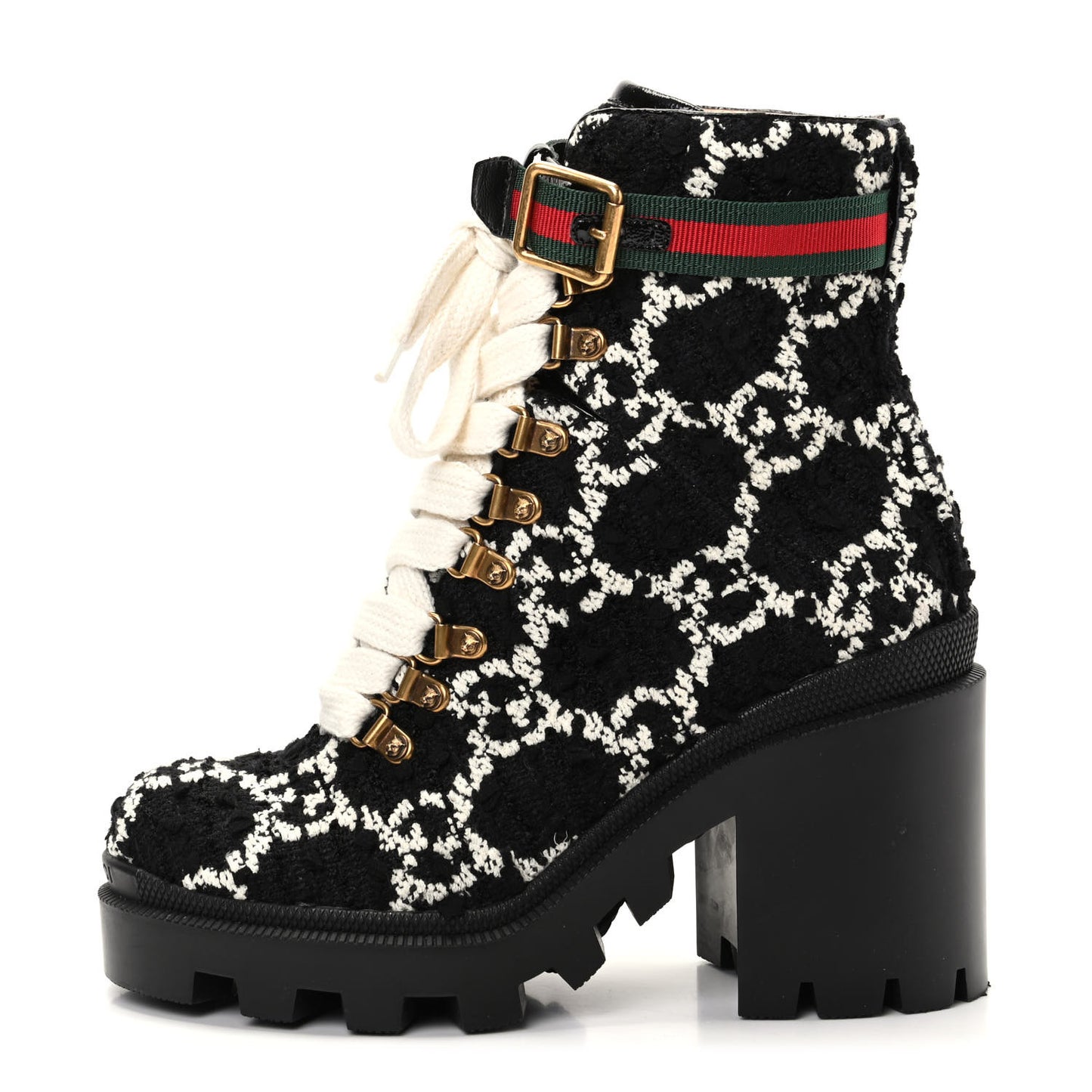 Tweed GG Monogram Lace Up Combat Ankle Boots 36.5 Black