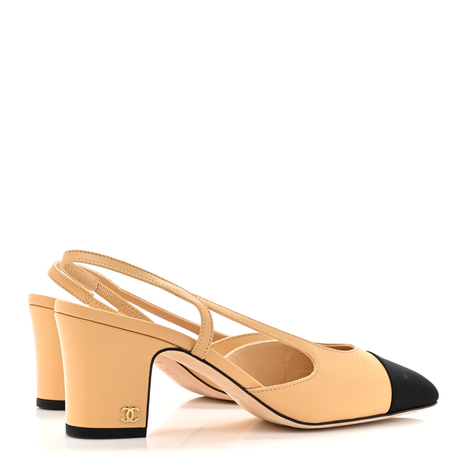 Chanel Goatskin Grosgrain Cap Toe CC Slingback Pumps 37.5 Beige Black 4 of 9