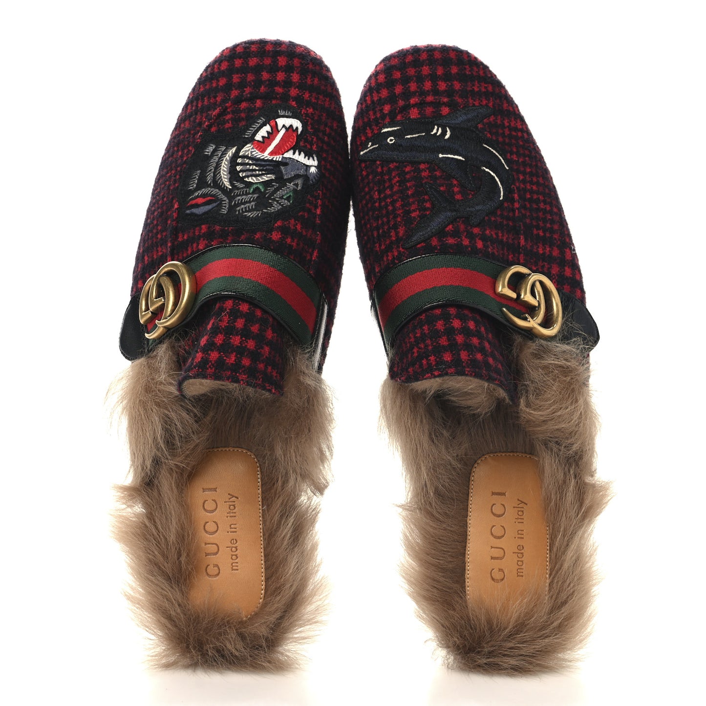 Tartan Fur Embroidered Mens Princetown Slippers 8 Red