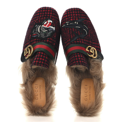 Gucci Tartan Fur Embroidered Mens Princetown Slippers 8 Red 2 of 8