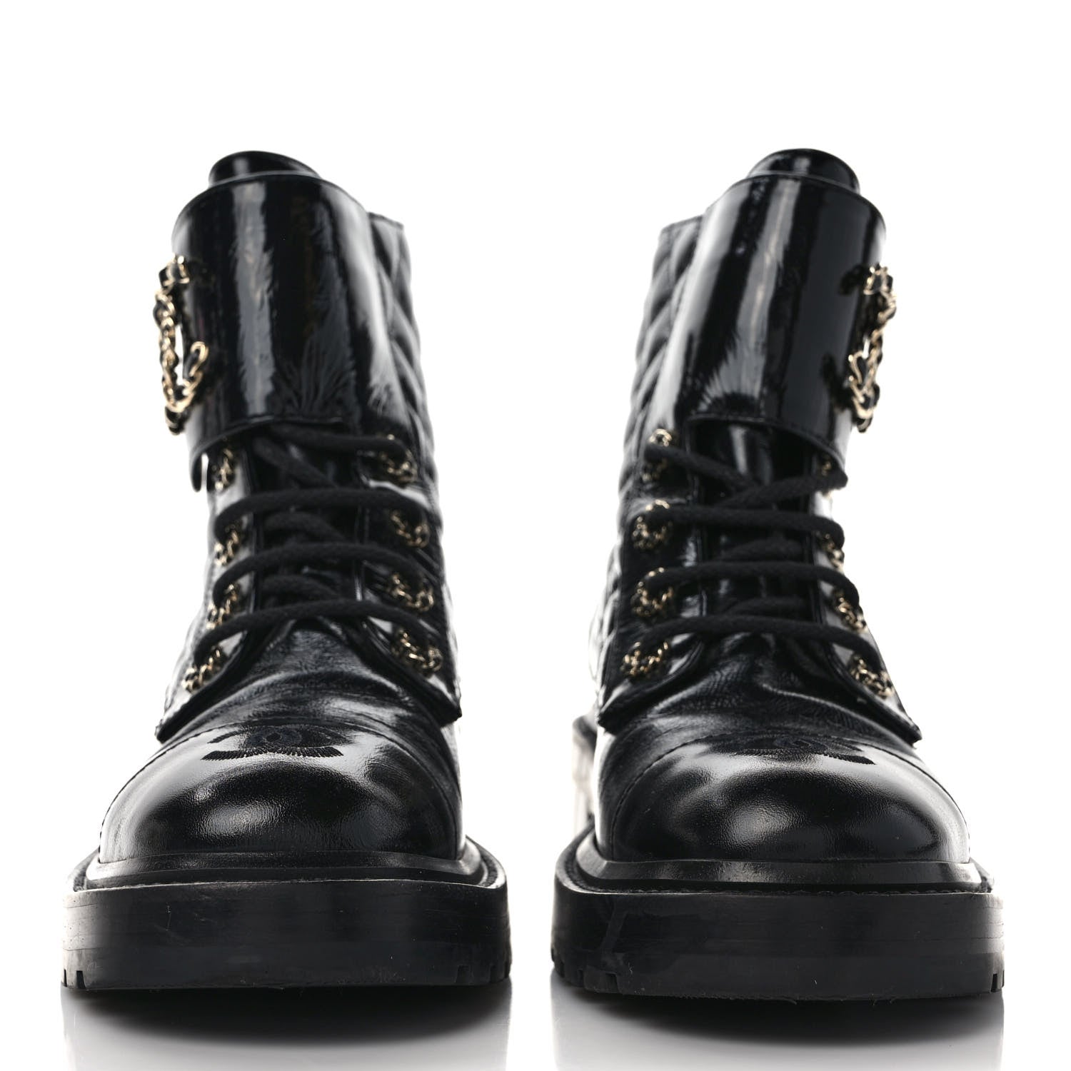 Chanel Shiny Calfskin Quilted Lace Up Combat Boots 38.5 Black 2 of 8