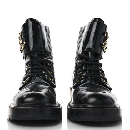 Chanel Shiny Calfskin Quilted Lace Up Combat Boots 38.5 Black 2 of 8